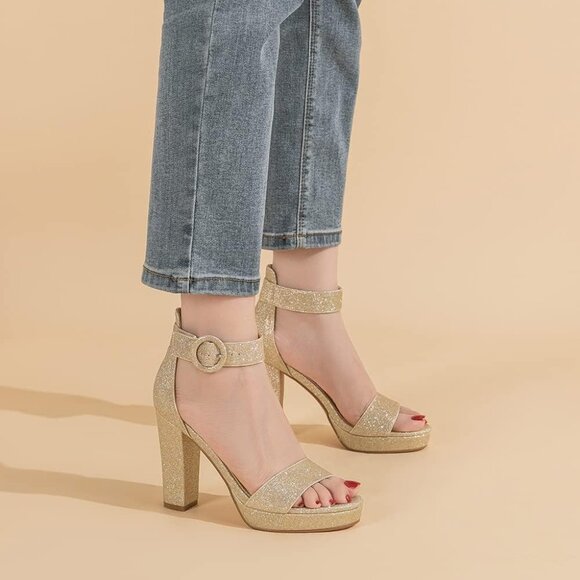 Amoji Women Glitter-gold Faux Suede Open Toe High Heel Chunky Platform Sandals - Picture 8 of 8